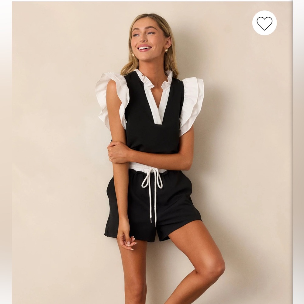 Black and White ruffled Tank Top and Shorts Set